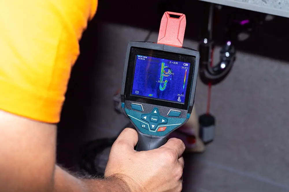 Leckageortung mit Wärmebildkamera an Rohrleitungen - Hand hält Wärmebildkamera mit blau-grünem Display, das Rohrleitungen unter einem Waschbecken zeigt
